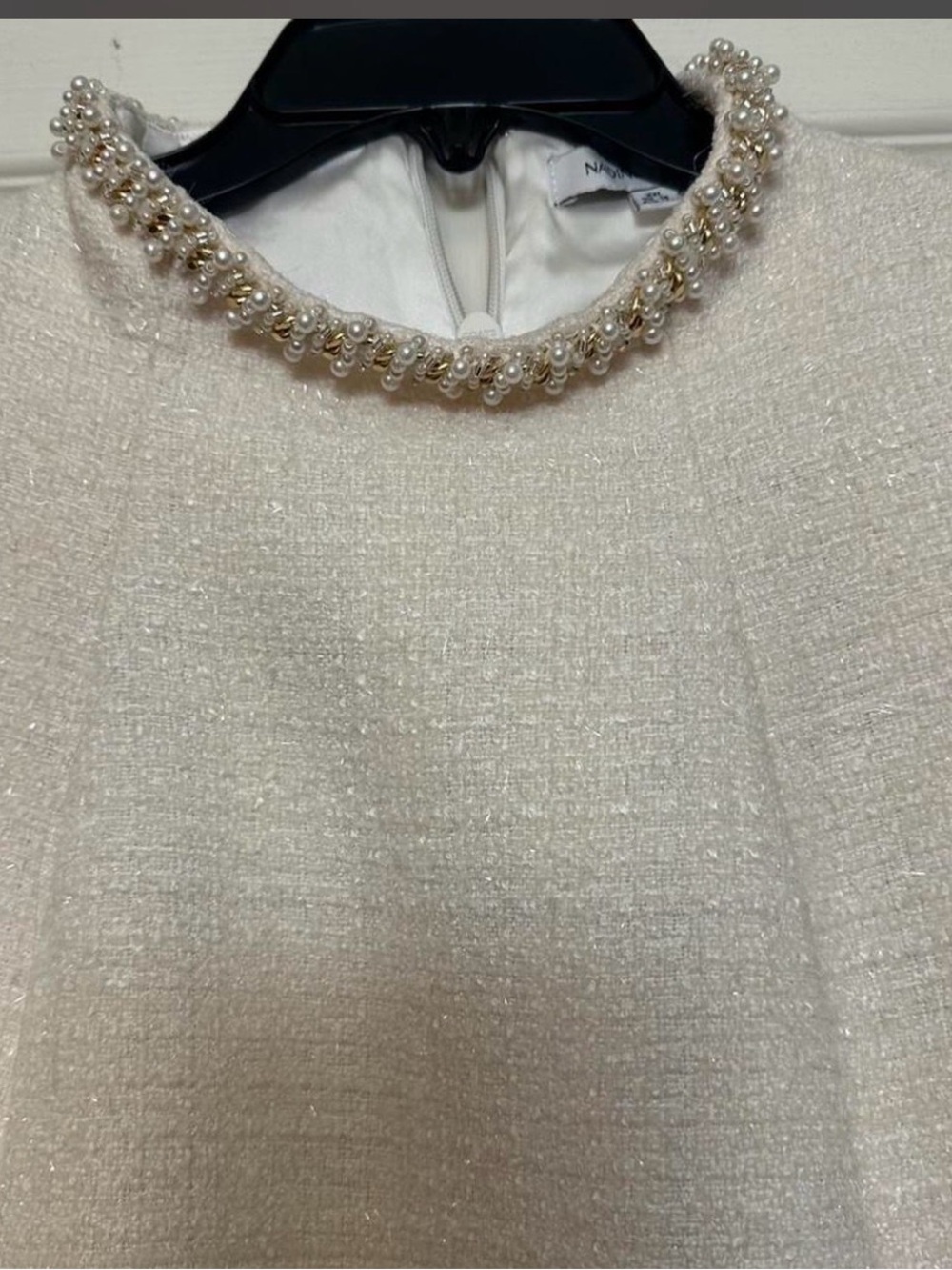 NADINE MERABI Ivory Tweed Midi Dress with Pearl Trim - Picture 5 of 7